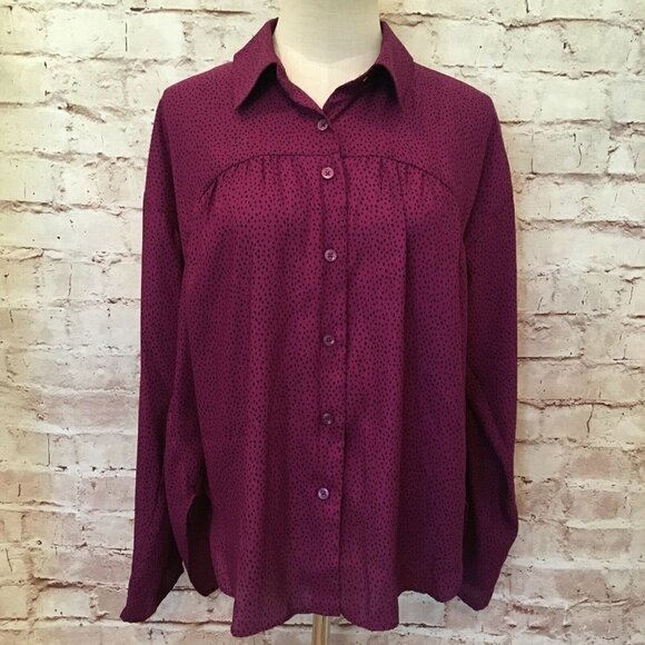 BCBGeneration Purple Mini Dot Button Front Blouse Top Shirt Peplum Womens Size S - Picture 1 of 4